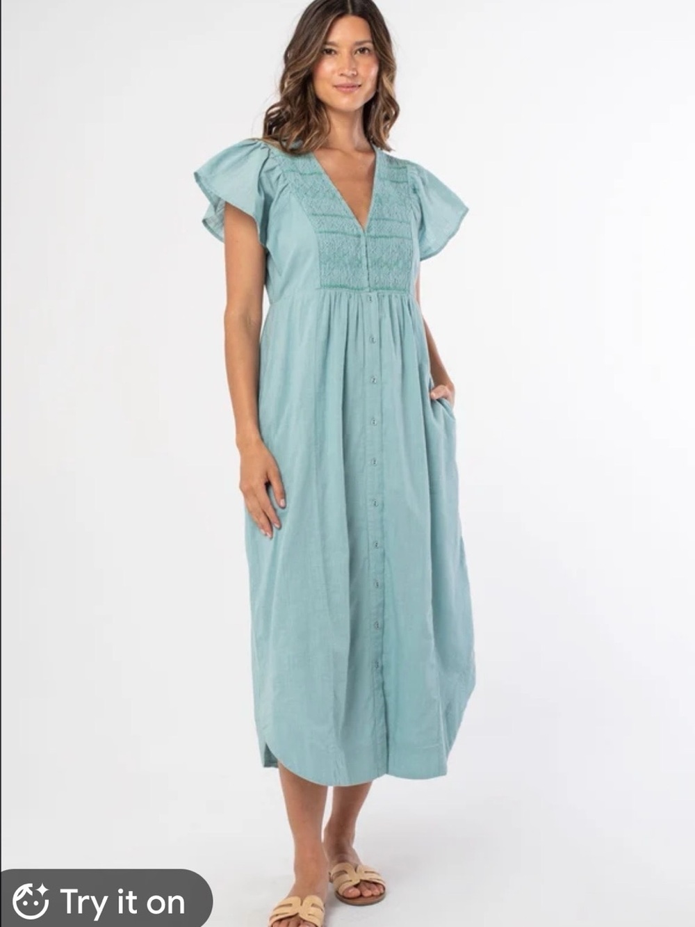lovestitch Finley Light Teal V-Neck Midi Dress with Flutter Sleeves